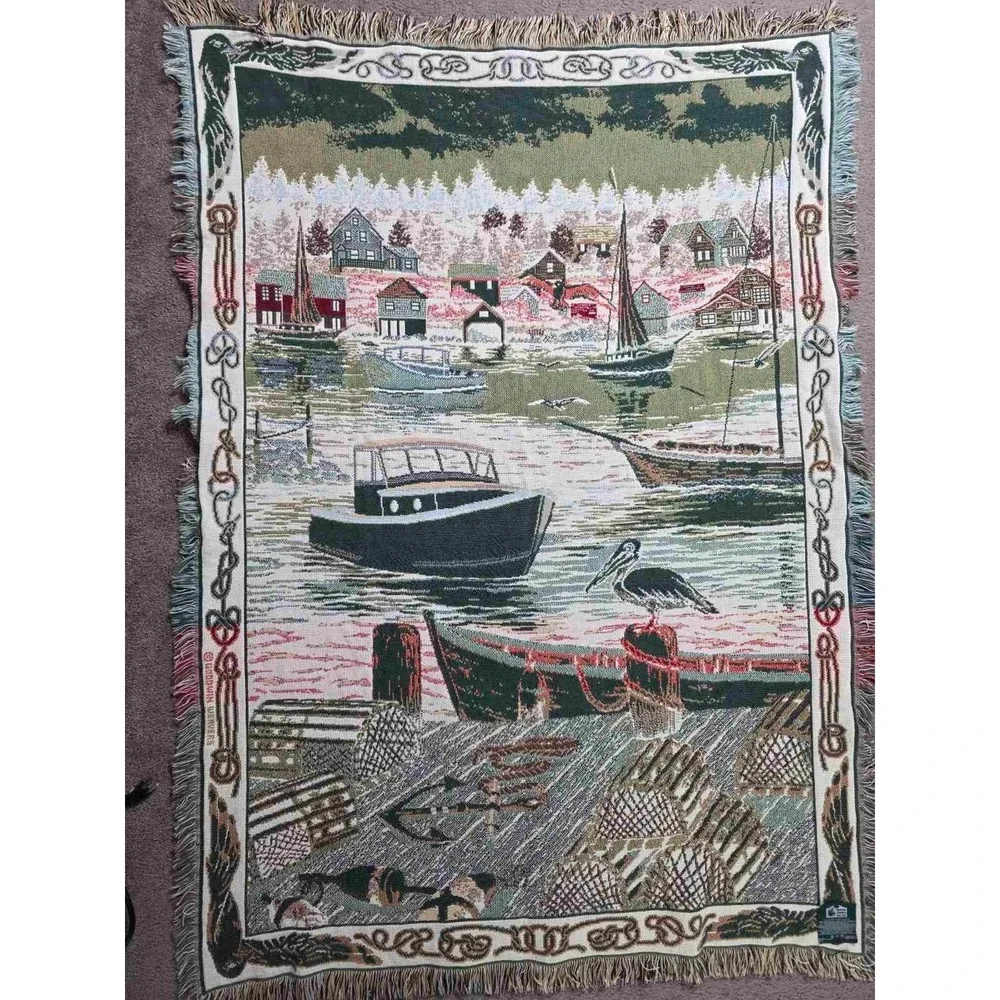 Goodwin Weavers‎ Throw Blanket Fringed Lake Boats Fishing 100% Cotton Made USA